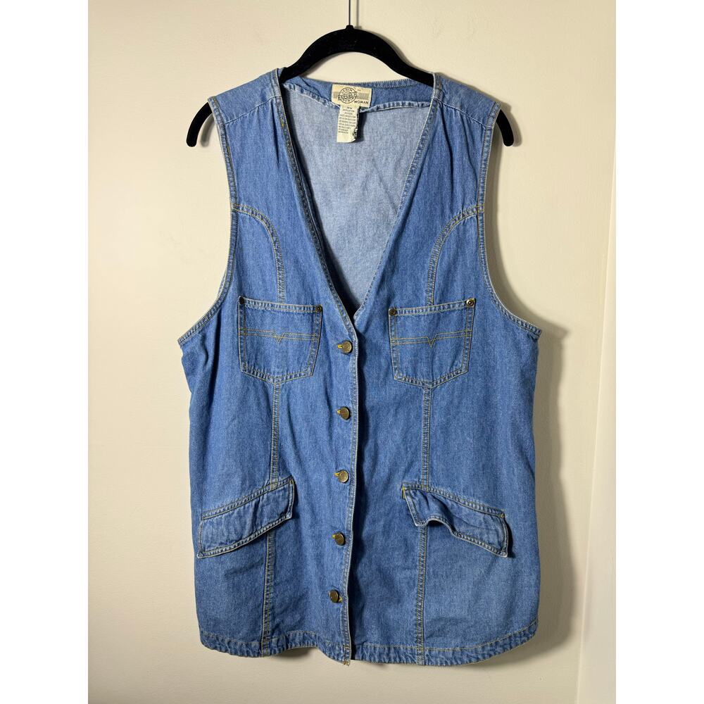 Vintage 90s Denim Republic Blue Western Stitch Button Up Jean Vest Size 18